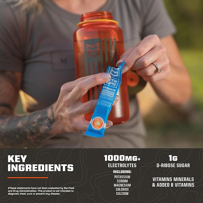 MTN OPS Hydrate Electrolytes Powder Drink Mix, 20 Single Serving On-The-Go Electrolyte Packs with Over 1000mg of Electrolytes per Serving, Rainbow Sherbet