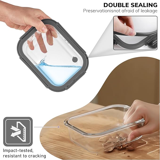 5-Pack Borosilicate Glass Containers with Tempered Lids, 35.2oz/4.4 Cup Airtight Meal Prep Set, Microwave/Freezer Safe (Gray)