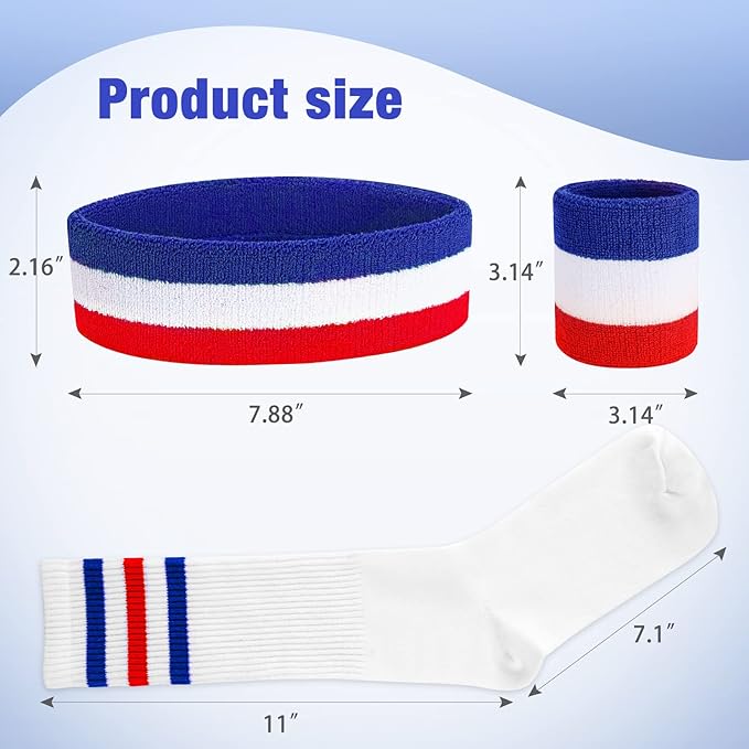 ONUPGO 5 Pieces Sweatbands Striped Socks Set Sports Headband Wristbands High Tube Socks 80s Accessories Costumes