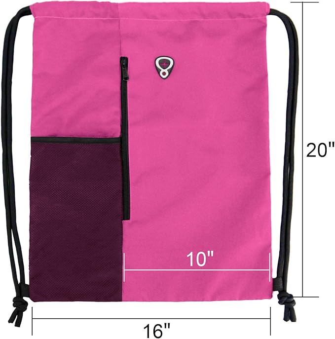 BeeGreen Pink Cinch Sack Drawstring Backpack For Women With Water Bottle Pocket &Two Zippered Pocket Large Sports Gym Sackpack For Traveling Yoga Beach Outdoor