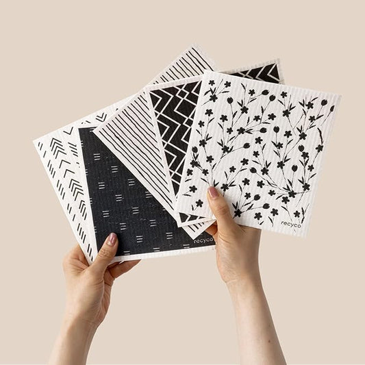 RECYCO Swedish Dishcloths for Kitchen | 5 Pack Geometric Washable Dish Rags | Cellulose Reusable Cleaning Paper Towels | Absorbent Counter Dish Cloth Sponge Kitchen Wipes, 8" L x 7" W