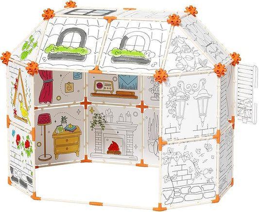 Interactive Kids Doodle Tent, Decorate and Personalize a Cardboard Fort, 328 Pieces Buildable Kids Play Tent, for 3+ Years Old Boys and Girls STEM Building