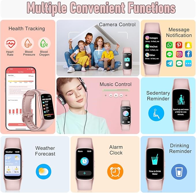 Fitness Tracker with 24/7 Heart Rate, Blood Pressure Blood Oxygen Sleep Monitor, 123 Sports Modes Calories Smart Watch,IP68 Waterproof Step Counter Activity Trackers Pedometer for Women Men (Pink)