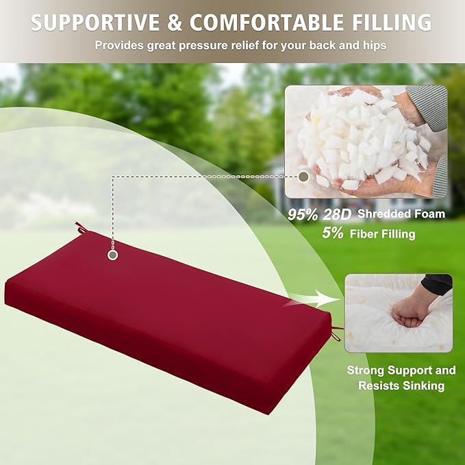 Outdoor Bench Cushion Waterproof 36"x14", Fade-Resistant Patio Furniture Replacement Pad with Ties - Also Fits Indoor Entryway Bench or Window Seat, Burgundy