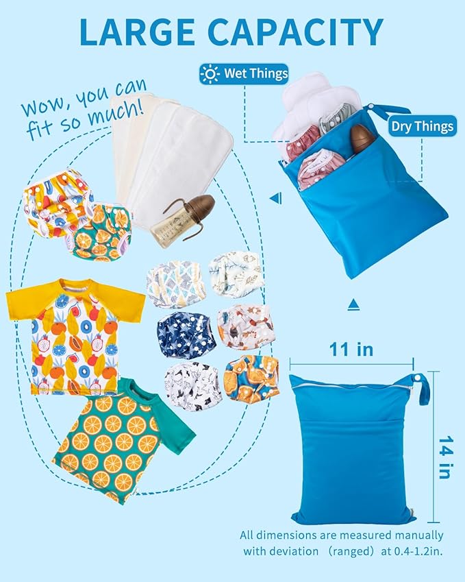 babygoal Wet Dry Bags 3 Pack for Baby Cloth Diapers, Washable Travel Bags, Beach, Pool, Gym Bag for Swimsuits & Wet Clothes with 2 Pockets 3LN10
