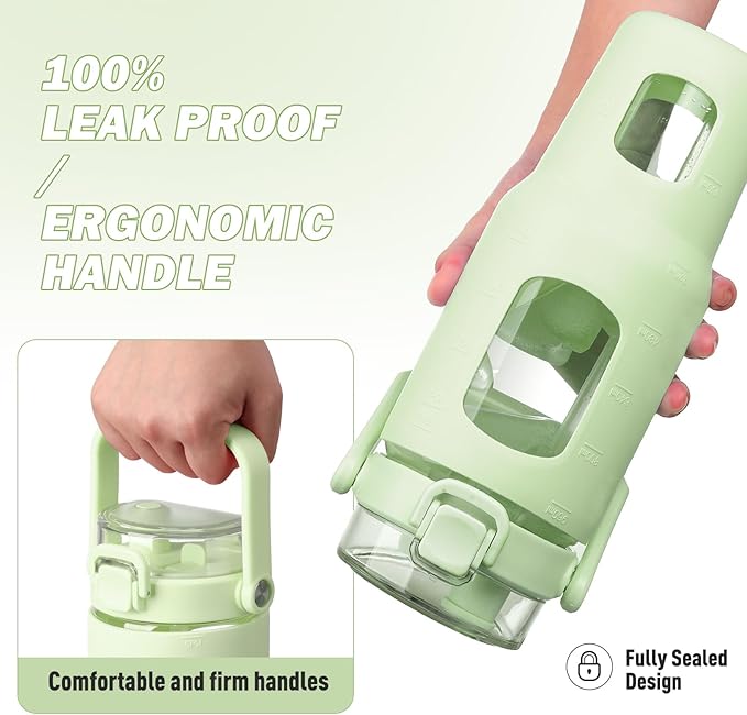 BLUEGO 32oz Glass Water Bottles with Straw Time Marker Half Gallon Large Motivational Water Bottle with Silicone Sleeve 2 Liter Large Glass Water Jug for Gym, Sports& Workout, Daily, Green