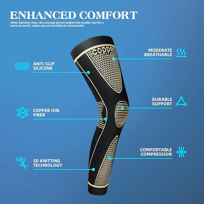 SKDK Copper Full Leg Sleeves Long Compression Leg Sleeve Knee Sleeves Protect Leg for Knee Pain Relief, Workout and Sports
