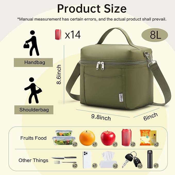 Insulated Lunch Bag for Men Women Leakproof Lunch Cooler Bag Adult Portable Lunch Box Bag with Adjustable Strap Lunch Box for Office Picnic Army Green