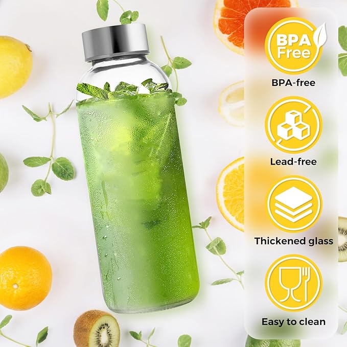 Set of 6 Clear Glass Water Bottles with Lid 26oz for Juicing Reusable Bottle Glass Cup with Stainless Steel for Juicing,Halloween Refrigerator 100% Leak Proof Drinking Jar, BPA Free