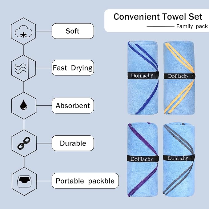 Dofilachy 4 Pack Camping Towel - Quick Dry Towel - Microfiber Travel Sports Towels - Super Absorbent Swim Towel (4, Blue)