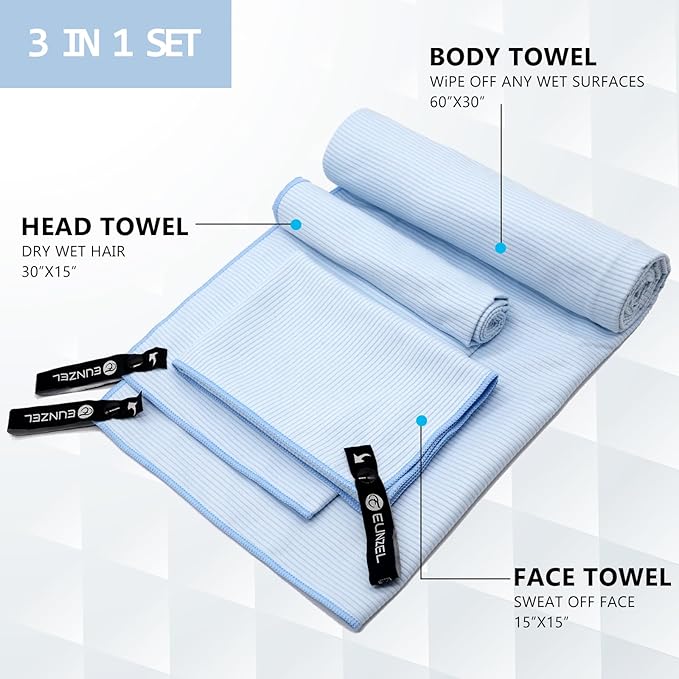Eunzel Quick Dry Camping Towel, Microfibre Ribbed Towel Travel Towel 3 Sizes 1 Pack Fast Drying Towel Set for Camping, Beach, Gym, Sports, Yoga & Swimming Pool, Blue
