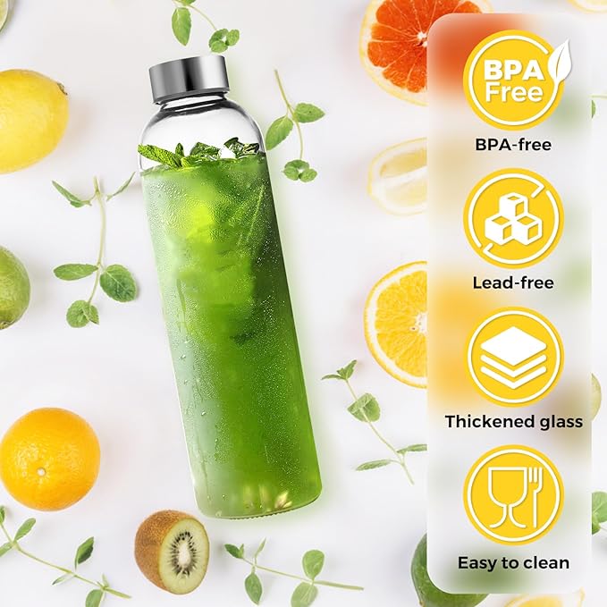 Set of 6 Clear Glass Water Bottles with Lid 14oz for Juicing Reusable Bottle Glass Cup with Stainless Steel for Juicing, for Halloween Refrigerator 100% Leak Proof Drinking Jar, BPA Free