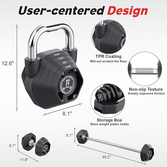 Tepemccu 4-in-1 Adjustable Kettlebell, 5.88-45lbs Kettlebells Weight Set, Adjustable Weight Kettlebell Used as Dumbbell, Barbell for Home Gym Full Body Workout