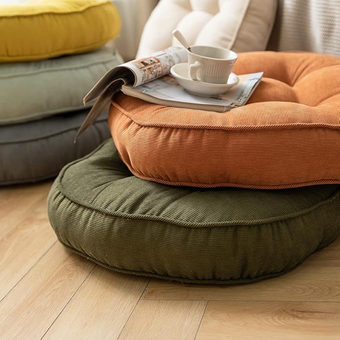 Corduroy Chair Pads Seat Cushion Soft Thicken Bedroom Living Room Floor Tatami Cushion Round Seat Pad for Kids Reading Adult Office,1 Count (Dark Green,22"x22")