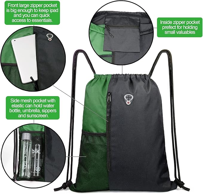 BeeGreen Green Drawstring Bag Sports Gym Backpack for Women Men Large Cinch Sackpack Day Pack with Zipper and Water Bottle Mesh Pockets (Black/Green)