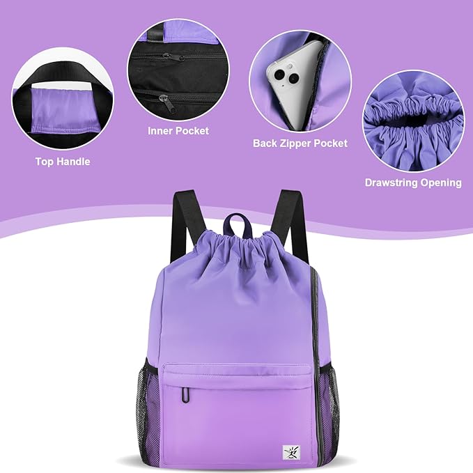 Drawstring Backpack with Mesh Pockets String Gym Bag Sackpack Sandproof Water Resistant Beach Backpack for Men Women