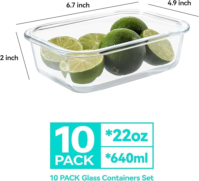 BAYZZ 10 Pack 22 oz Glass Meal Prep Containers, Glass Food Storage Containers with Airtight Lids, BPA-Free, Freezer and Microwave Safe, Green