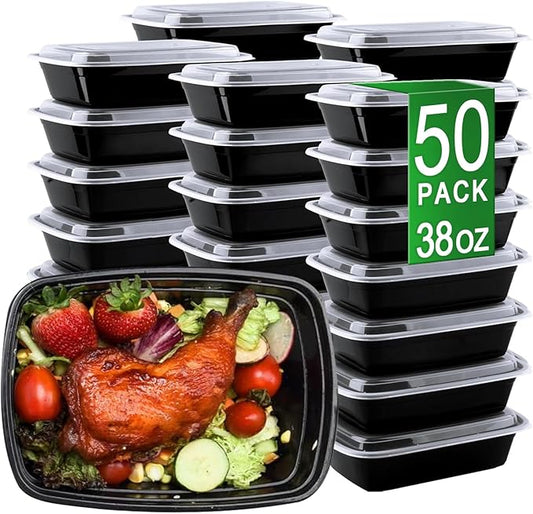 Meal Prep Containers, 50 Pack 38oz (100-Piece) Disposable Take Out Food Storage Containers with Leakproof Lids, Large Plastic To Go Lunch Boxes, BPA Free, Microwave/Dishwasher/Freezer Safe