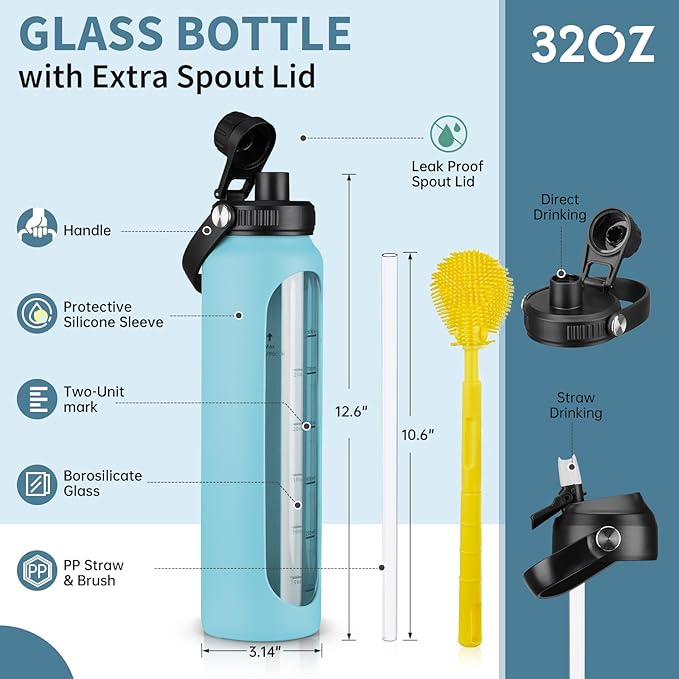 32 oz Glass Water Bottles with 2 Lids-Handle Spout Lid & Straw Lid 1 Liter Motivational Borosilicate Water Bottle with Silicone Sleeve and Time Marker,Leakproof