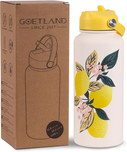 Goetland Flowers Water Bottle Beverage Bottle with Straw Lid 32 oz Stainless Steel Wide Mouth Vacuum Insulated Cute UV Printing Leak Proof For Women Girls Kids Lemon
