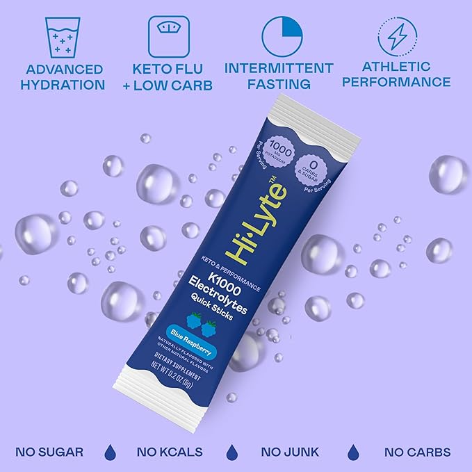Hi-Lyte K1000 Electrolytes Sticks Blue Raspberry Keto & Performance, 30 Servings - 1000mg Potassium + Magnesium, Sodium, Trace Minerals - 0 Carbs, 0 Sugar