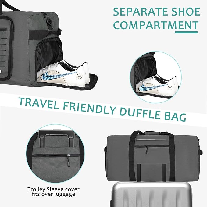 Foldable Travel Duffle Bag,Duffle Bag with Shoes Compartment and Adjustable Strap,Large Packable Travel Bags for Men Women,Waterproof Duffel Bag