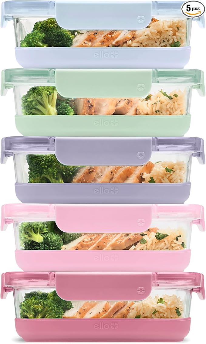 Ello Duraglass Refresh 3.4 Cup Meal Prep Sets 10Pc, 5 Pack Set- Glass Food Storage Container with Silicone Boot and Airtight BPA-Free Plastic Lids, Dishwasher, Microwave and Freezer Safe,Dusk Delight