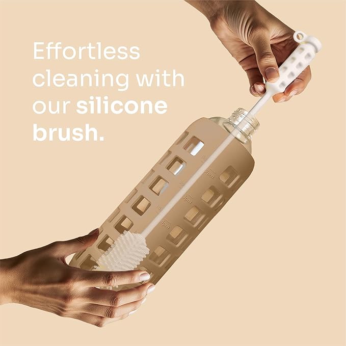 purifyou 40oz / 32oz / 22oz / 12oz Borosilicate Glass Water Bottle with Time & Volume Markers, Silicone Sleeve, Stainless Steel Lid | Reusable Glass Bottle for Water & Juice (40oz Iced Coffee)