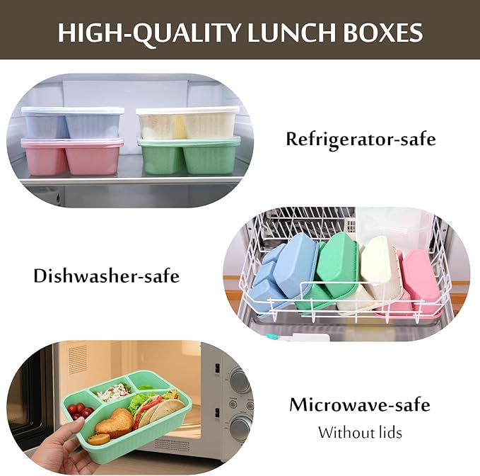 4 Pack Bento Lunch Box Set, 4 Compartment Food Storage Containers, Meal Prep Lunch Box,Plastic Food Storage Containers, Microwave and Dishwasher Safe (33oz)