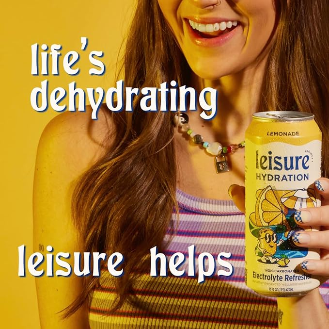 Leisure Hydration Non-Carbonated Electrolyte Refresher, Lemonade Flavor - Low Sugar Nutrient Enhanced Water Beverage - Get The Best Hydration Packed w/ Magnesium & Ashwagandha For Mood & Stress Support, Non-GMO, 16 oz (12-Cans)