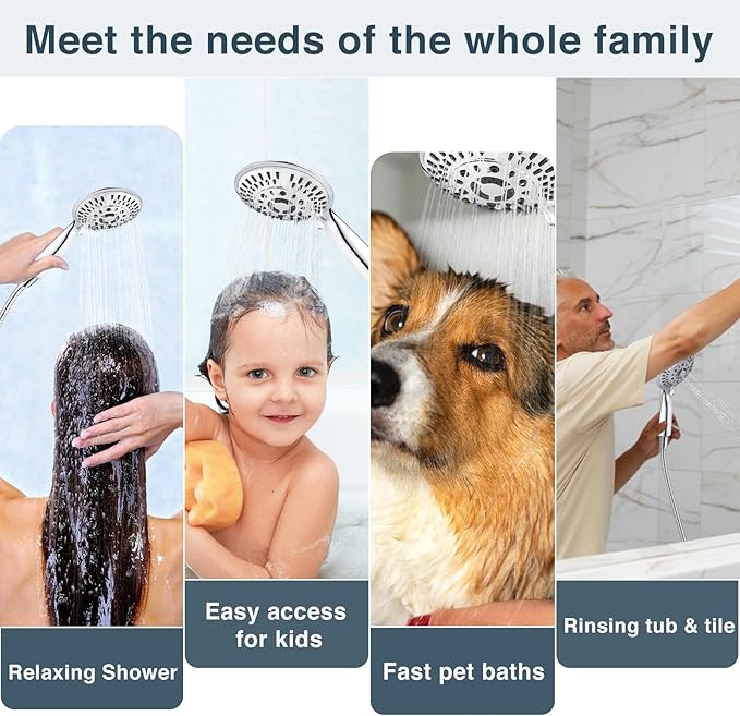 BRIGHT SHOWERS 9 Spray Settings Shower Head with Handheld High Pressure Hand Held Showerhead with 60 Inch Stainless Steel Hose and Adjustable Overhead Bracket, Chrome