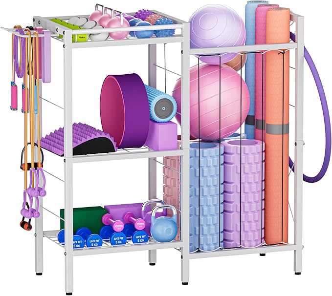 3 Tiers Dumbbells Yoga Mat Storage Rack with Elastic Straps for Kettlebells Foam Roller Resistance Bands Balls, Workout Equipment Organizer Weight Storage Holder with Hooks for Home Gym