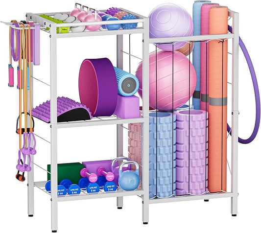 3 Tiers Dumbbells Yoga Mat Storage Rack with Elastic Straps for Kettlebells Foam Roller Resistance Bands Balls, Workout Equipment Organizer Weight Storage Holder with Hooks for Home Gym