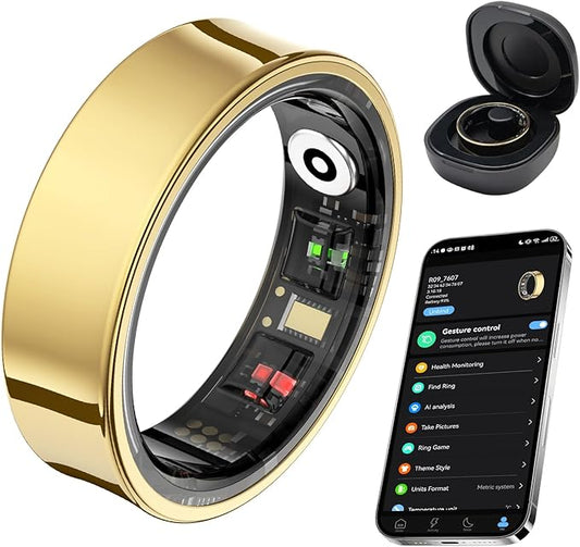 Smart Ring for Women Men, Fitness Tracker Ring with Body Temperature, Heart Rate, Blood Oxygen, Sleep Monitor, Calories, No Subscription Fee, IP68 Waterproof for iPhone & Android (Gold, #8)