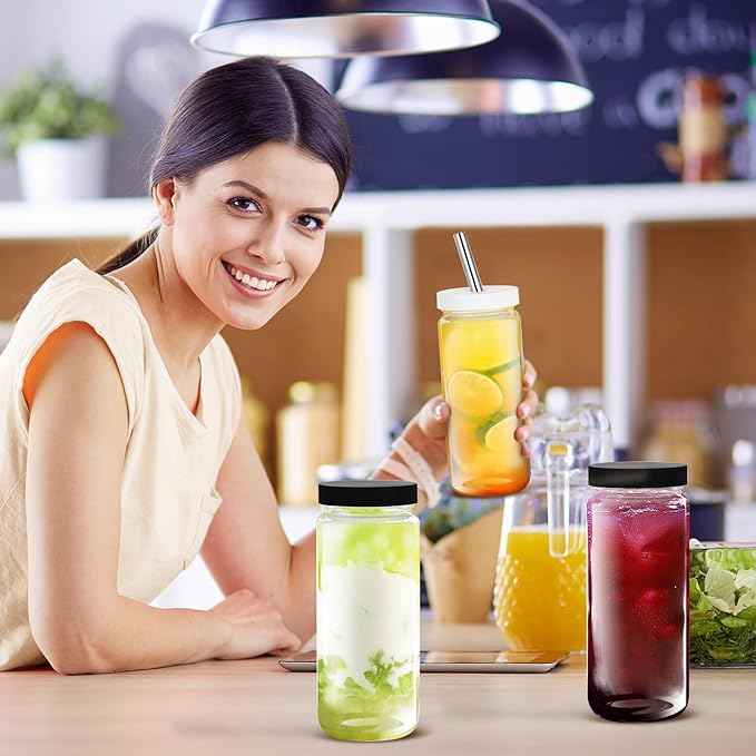 6pcs 18oz Glass Juice Bottles with Lid, Clear Water Bottle Drink Containers with Caps, Reusable Tall Mason Jar for Drinking, Smoothie and Other Beverages BPA Free 100% Leak Proof Drinking Jar