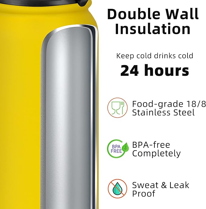 Fanhaw 32 Oz Stainless Steel Insulated Sports Water Bottles with Straw for Kids, Men and Women (Yellow)