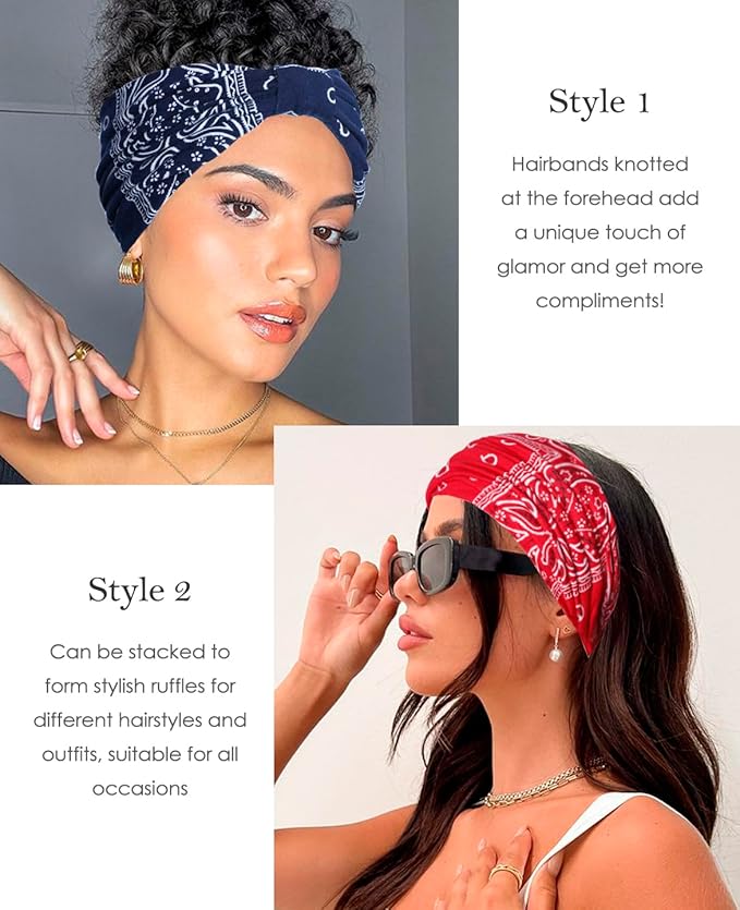 Artilady Wide Bandana Headbands for Women-Boho Bandeau Head Band Bohemian Paisley Red Headwrap Soft Athletic Elastic Sweat Non Slip Hair Bands for Curly Hair Accessories 6 PCS