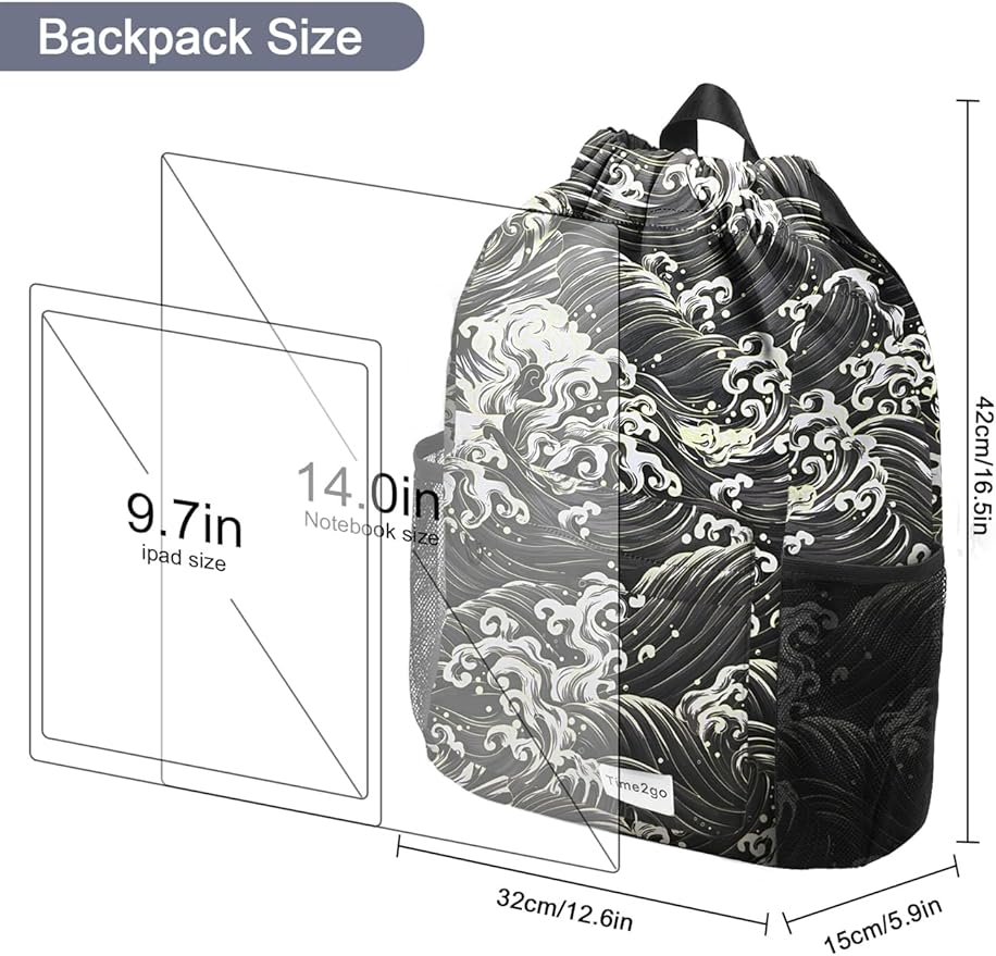 Drawstring Backpack Sports Gym Sackpack with Mesh Pockets Water-Resistant String Cinch Beach Bag for Men Women(Black Waves)