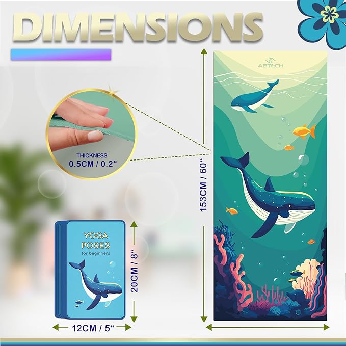 Kids Yoga Mat Set for Boys & Girls - Doll, Unicorn, Mermaid, Panda, Dinosaur and UnderWater - Chemical Free - Non-Toxic - Non-Slip - 60 X 24 X 0.2 Inches - w/ 12 Yoga Cards - Cute Carrier Bag - Ages 3-12