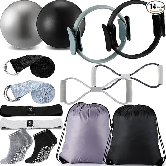 Poen Home Pilates Kit for Women Pilates Equipment Ring and Ball Set with Stretching Strap 8 Resistance Bands Non Slip Socks Gym Back Bags Exercise Equipment for Workout