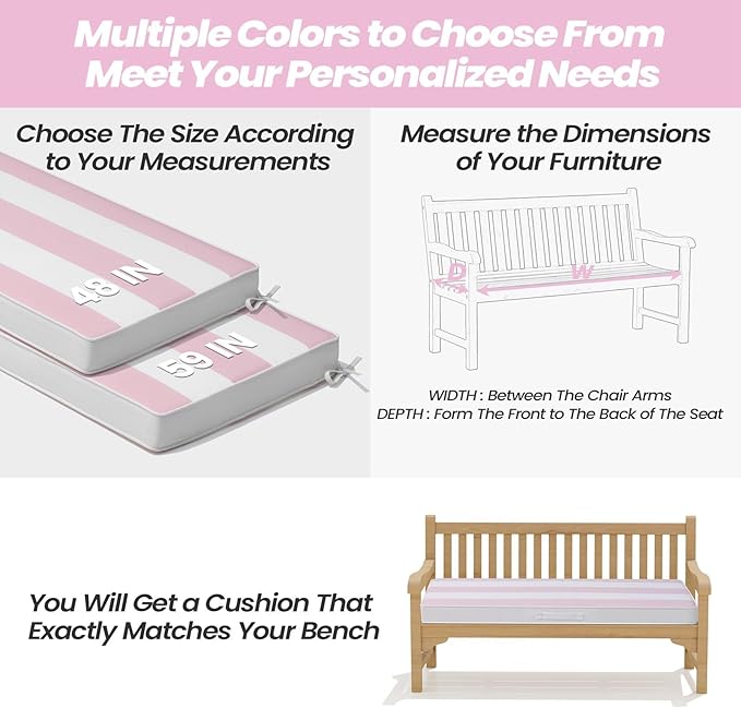 Crestlive Products Outdoor Bench Cushion 48 x 18 Inch, Waterproof Patio Bench Cushions for Outdoor Furniture, Porch Swing Replacement Pad with 30D Foam, Adjustable Straps, Pink White Stripe