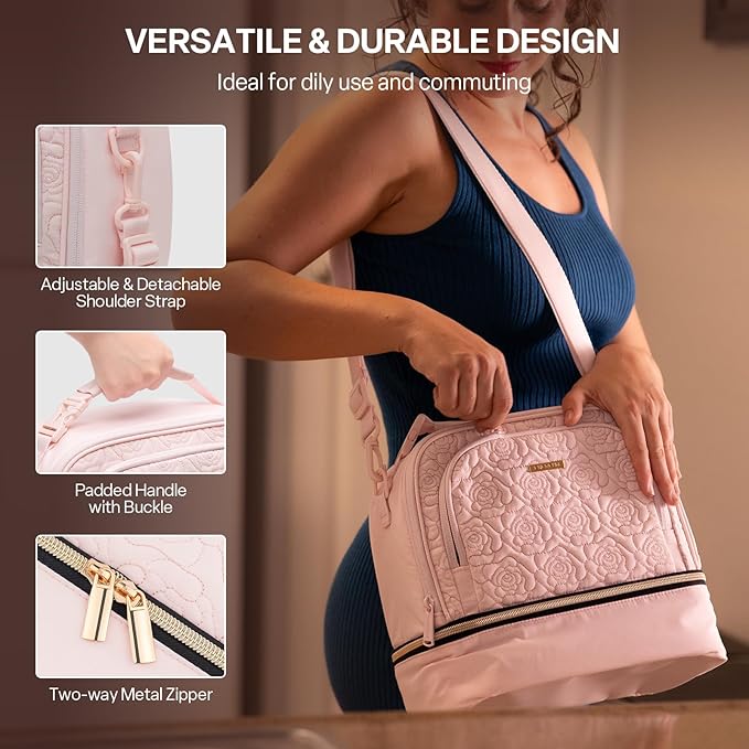 Everfun Womens Lunch Box Two Compartments Insulated Lunch Tote Bag Large Leakproof Soft Cooler for Work Picnic Travel, Pink