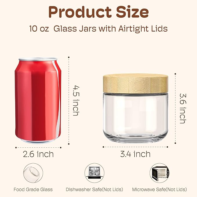 4 Pack 10oz Overnight Oats Containers with Bamboo Lids, Glass Jars with Airtight Lids for Meal Prep, Wide Mouth Mason Salad Jars, Glass Food Storage Container for Yogurt Chia Snacks Spice Sugar