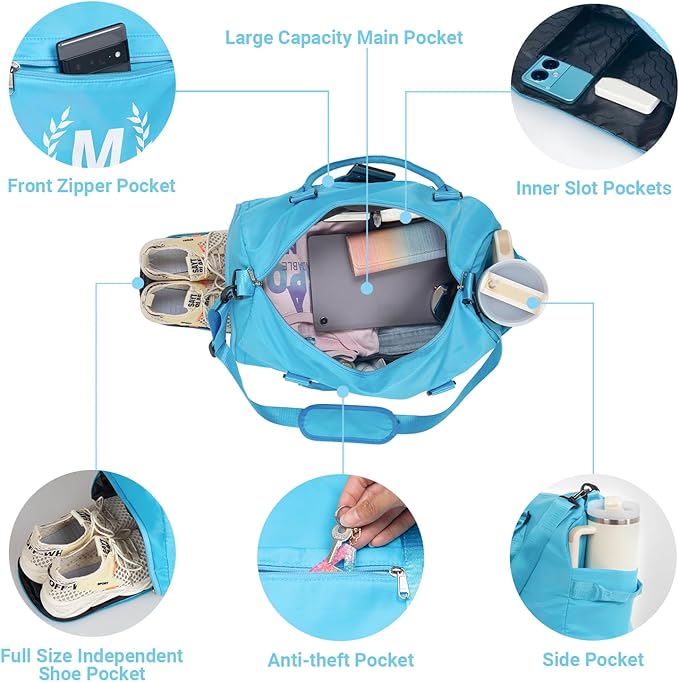 Gym Bag for Women, Personalized Duffle Bag with Shoe Compartment, Sports Bag for Yoga & Dance with Wet Pocket and Mat Strap(AquaBlue,A)