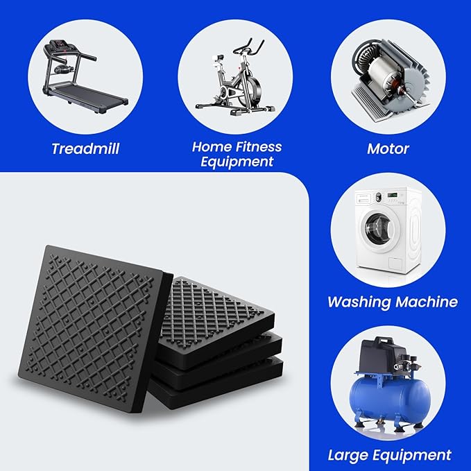 Exercise Equipment Mat 5.11x5.11x0.55in 4pcs, Heavy Duty Thick Steel Embedded Rubber Mat, Anti Slip/Noise Reduction/Vibration Resistance, Treadmills Equipment Pads, Used for Carpets, Wooden Floors