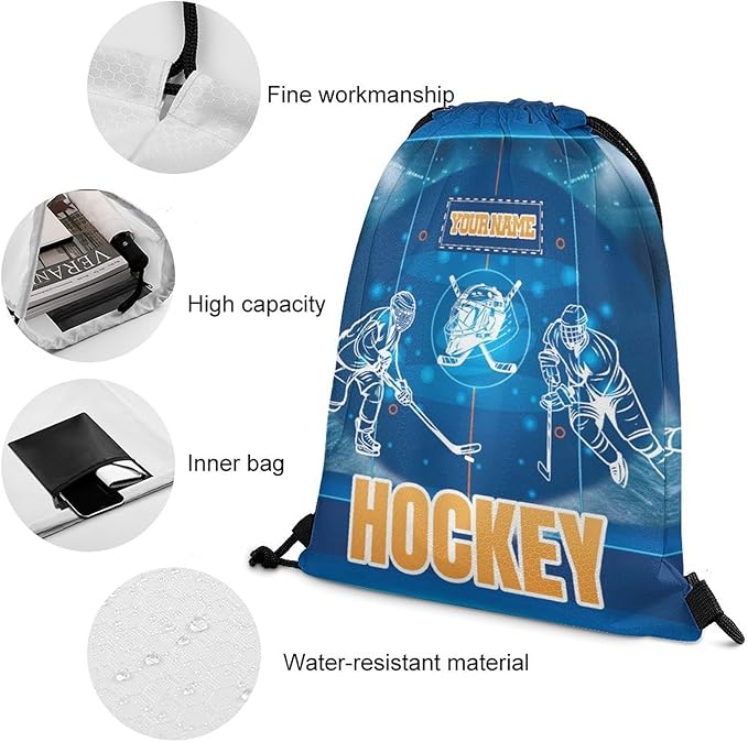 Custom Hockey Drawstring Backpack - Cool Cinch Sack, String Backpacks for Kids Women Men Boys Girls for Gym Outdoor Sports Travel Athletic Drawstring Bag - Lightweight/Foldable