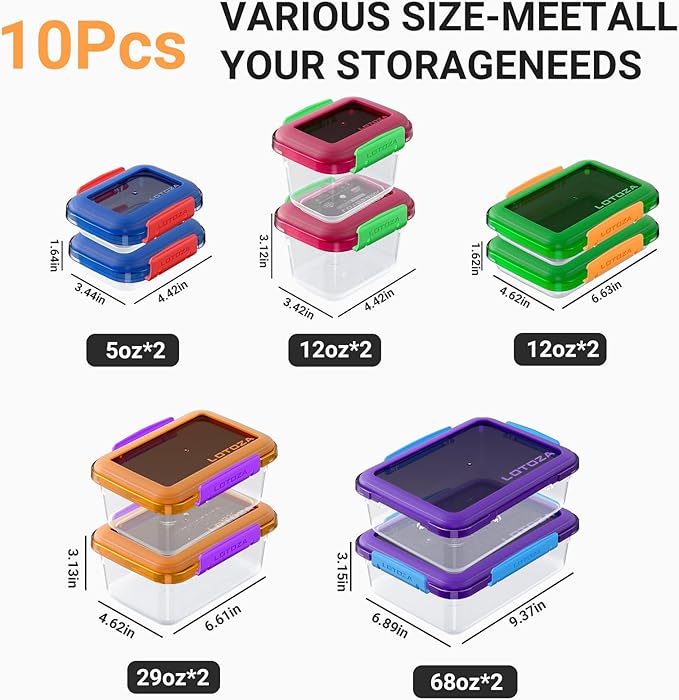 10 Pcs Set Plastic Food Storage Containers with Lids BPA Free Snap Lock Container Kitchen Pantry Organization for Meal Prep Lunch Salad Leftover Fruit Stackable Microwave Dishwasher Safe 5/12/29/68 oz