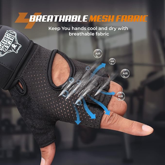 Bear Grips Weight Lifting Gloves for Men & Women | Half Finger Lifting Gloves | Full Finger Workout Gloves for Men | No Finger Exercise Gloves l Compression Weightlifting Gloves | Gym Gloves for Men