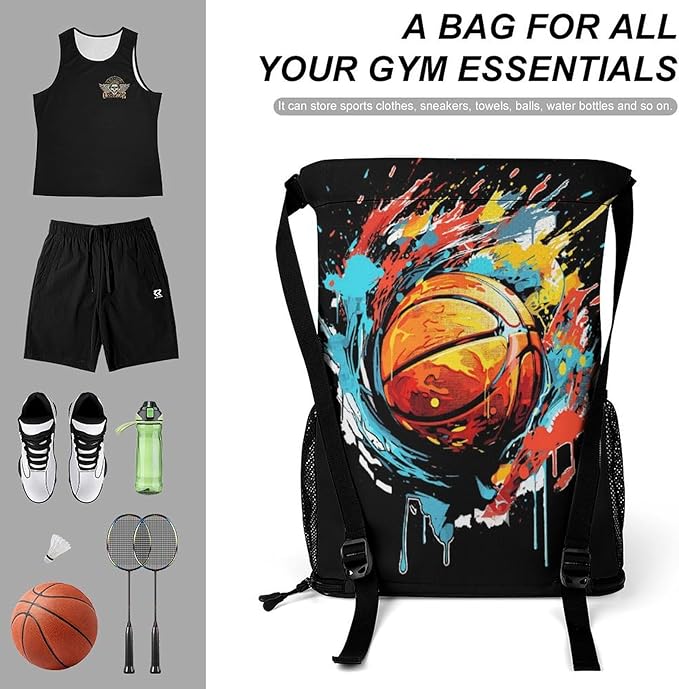 Custom Basketball Drawstring Backpack - Cool Cinch Sack, String Backpacks with Pocket for Kids Women Men Boys Girls for Gym Outdoor Sports Travel Athletic Drawstring Bag - Lightweight/Foldable