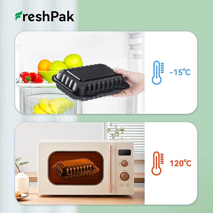 FRESHPAK Plastic Containers Mineral Filled PP - 50 Pack 9x6 27 oz Shrink Wrap BPA Free | Stackable Meal Prep Clamshell Food Container | Reusable Microwave Safe Leftovers Takeout | Catering To Go Box